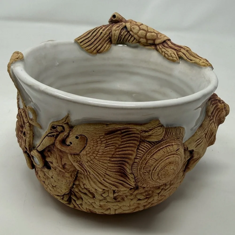 Karin Villareman Studio Pottery Sea Turtle Crab Shell Nautical Sculptural Bowl